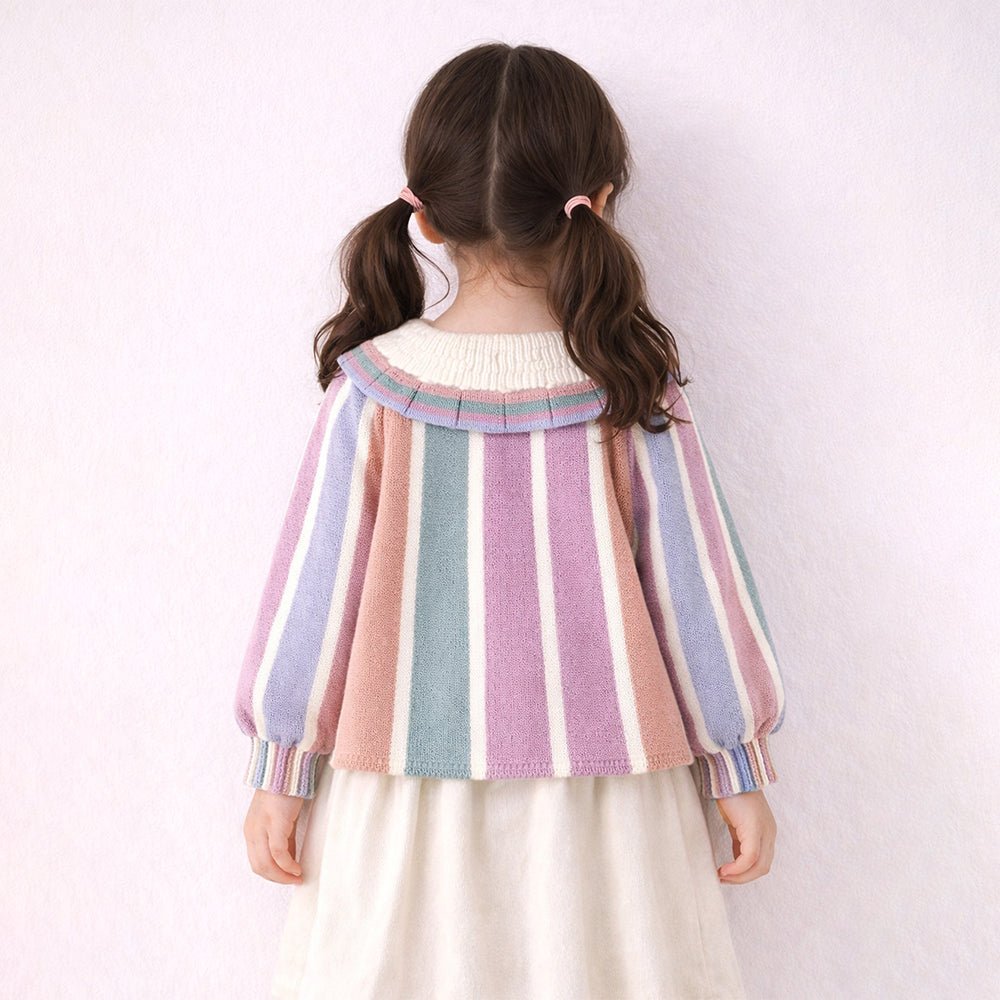 Little Surprise Box Pastel - Color Stripes Cardigan with Bow & Pompom, Winter Cardigan Sweater for Kids - 2 - 3 Years Kids Sweater
