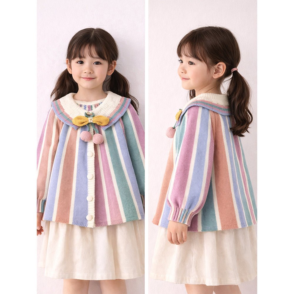 Little Surprise Box Pastel - Color Stripes Cardigan with Bow & Pompom, Winter Cardigan Sweater for Kids - 2 - 3 Years Kids Sweater