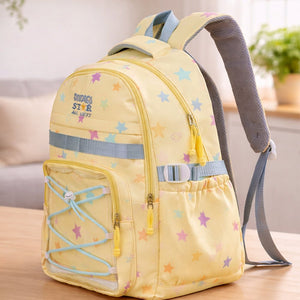 Little Surprise box Pastel Yellow Star Print with Front Bungee Pocket School Backpack with Detachable Plush Star Keychain & Star Pins for Kids - School Bag