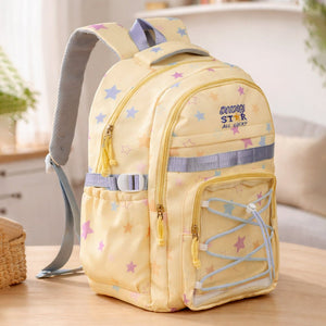 Little Surprise box Pastel Yellow Star Print with Front Bungee Pocket School Backpack with Detachable Plush Star Keychain & Star Pins for Kids - School Bag