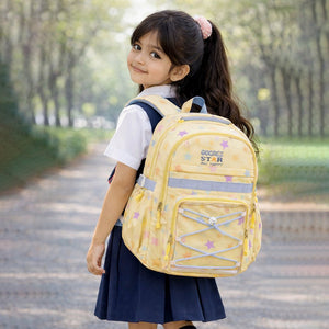 Little Surprise box Pastel Yellow Star Print with Front Bungee Pocket School Backpack with Detachable Plush Star Keychain & Star Pins for Kids - School Bag