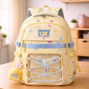 Little Surprise box Pastel Yellow Star Print with Front Bungee Pocket School Backpack with Detachable Plush Star Keychain & Star Pins for Kids - School Bag