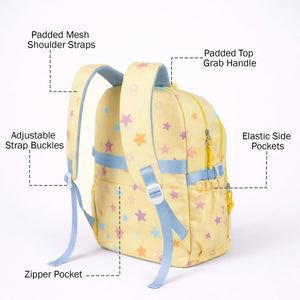 Little Surprise box Pastel Yellow Star Print with Front Bungee Pocket School Backpack with Detachable Plush Star Keychain & Star Pins for Kids - School Bag