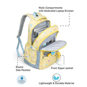 Little Surprise box Pastel Yellow Star Print with Front Bungee Pocket School Backpack with Detachable Plush Star Keychain & Star Pins for Kids - School Bag