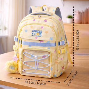 Little Surprise box Pastel Yellow Star Print with Front Bungee Pocket School Backpack with Detachable Plush Star Keychain & Star Pins for Kids - School Bag