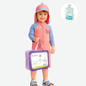Little Surprise Box Peach & Blue Spiked Dino Swimwear Set + Long Cap, Wash Bag & Detergent - 3 - 4 Years Kids Swimwear