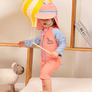 Little Surprise Box Peach & Blue Spiked Dino Swimwear Set + Long Cap, Wash Bag & Detergent - 3 - 4 Years Kids Swimwear