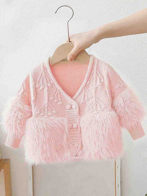 Little Surprise Box Peach Furry Knitted cardigan Sweater for Kids - Kids Winter Wear