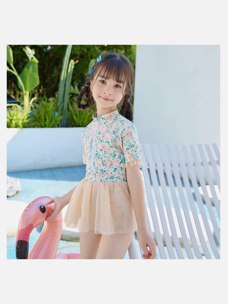 Little Surprise Box Peach & Green Small Floral Tutu Style Swimwear for Toddlers & Kids - LSB-SW-SMLFLRPCHTUTU100