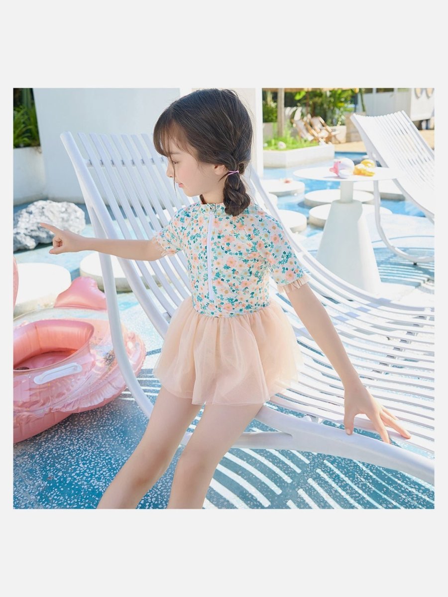 Little Surprise Box Peach & Green Small Floral Tutu Style Swimwear for Toddlers & Kids - LSB-SW-SMLFLRPCHTUTU100