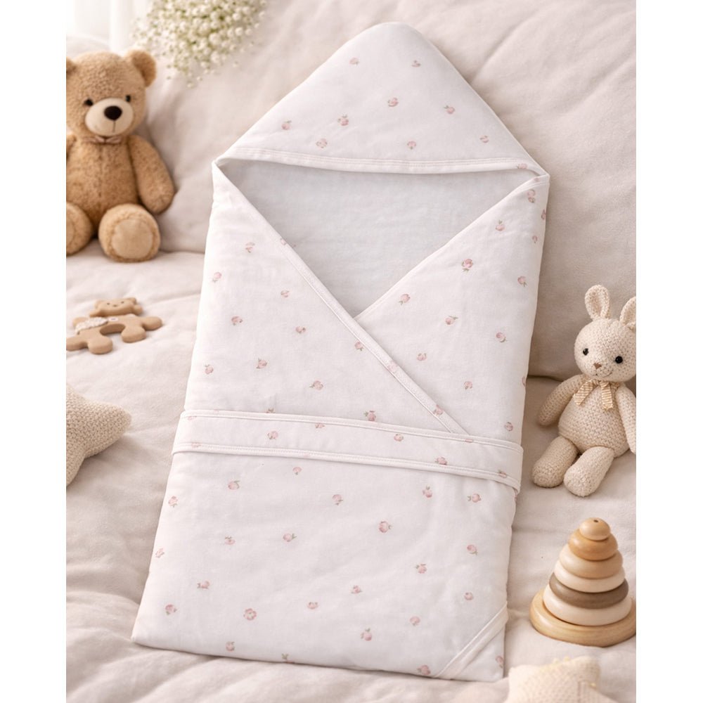 Little Surprise Box Peach Quilted Cotton Winter Baby Wrapper with Hood - Baby Blanket