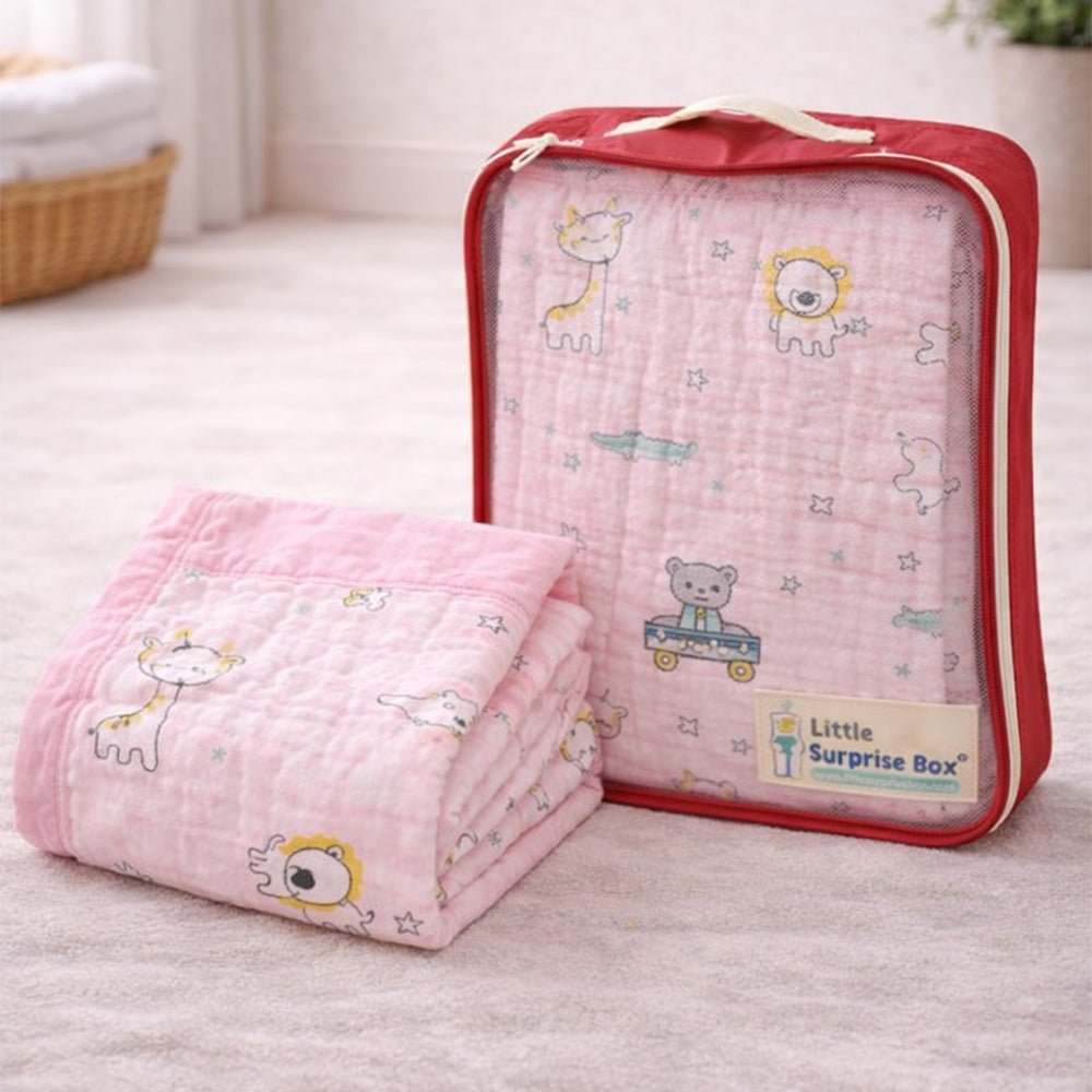 Little Surprise Box Pink Animal Parade Muslin Blanket with Storage Pouch - Baby Blanket