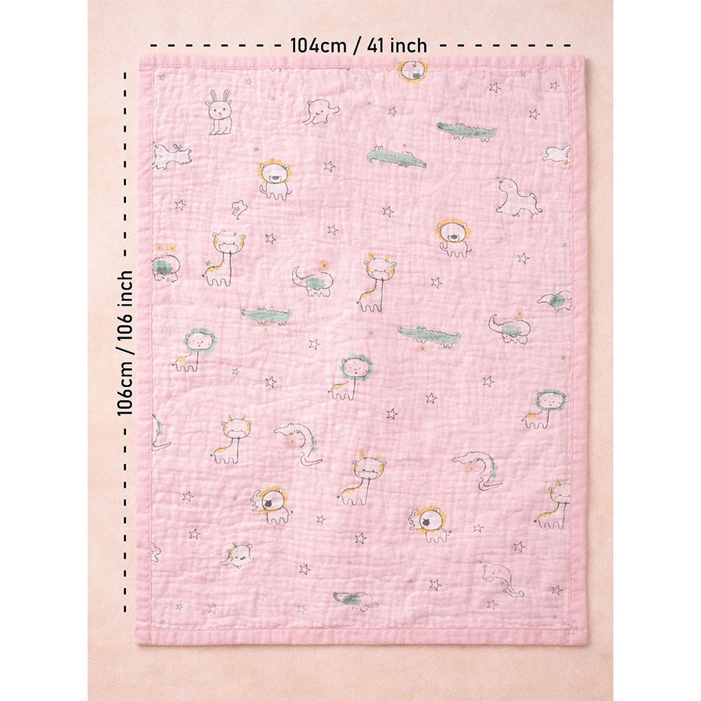 Little Surprise Box Pink Animal Parade Muslin Blanket with Storage Pouch - Baby Blanket