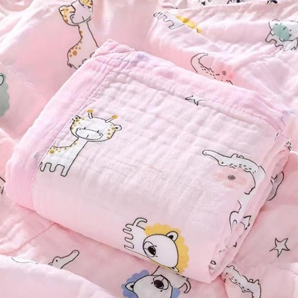 Little Surprise Box Pink Animal Parade Muslin Blanket with Storage Pouch - Baby Blanket