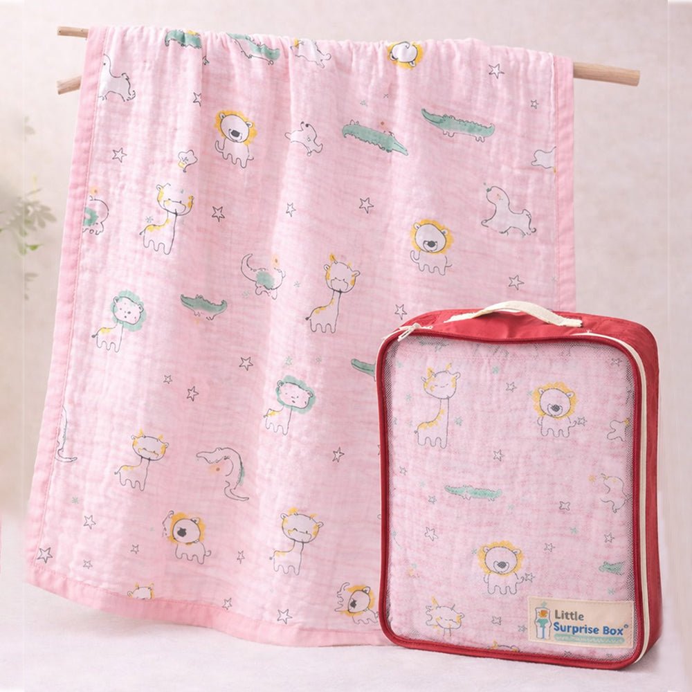 Little Surprise Box Pink Animal Parade Muslin Blanket with Storage Pouch - Baby Blanket