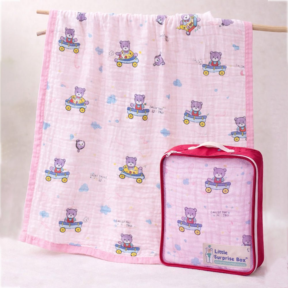 Little Surprise Box Pink Cart Teddy Muslin Baby Blanket with Pouch - Baby Blanket