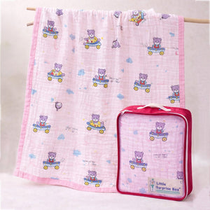 Little Surprise Box Pink Cart Teddy Muslin Baby Blanket with Pouch - Baby Blanket