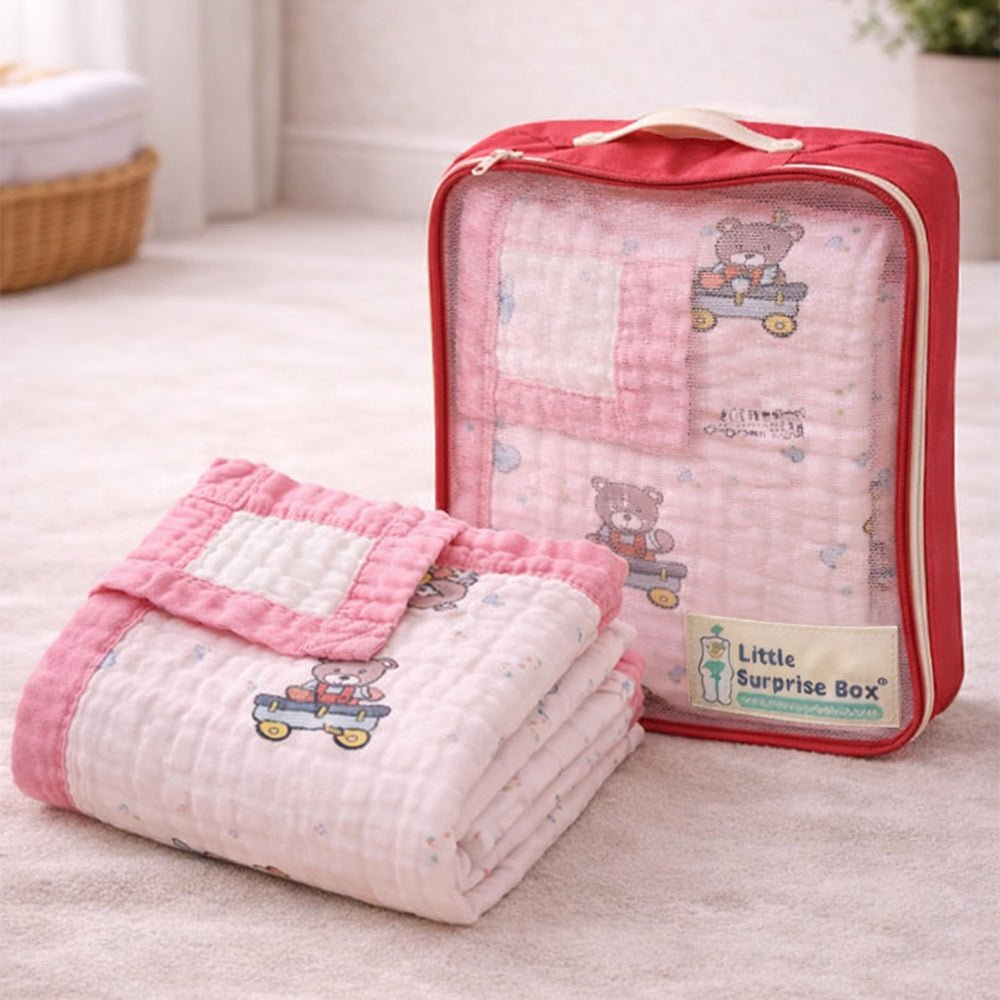 Little Surprise Box Pink Cart Teddy Muslin Baby Blanket with Pouch - Baby Blanket