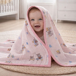 Little Surprise Box Pink Cart Teddy Muslin Baby Blanket with Pouch - Baby Blanket