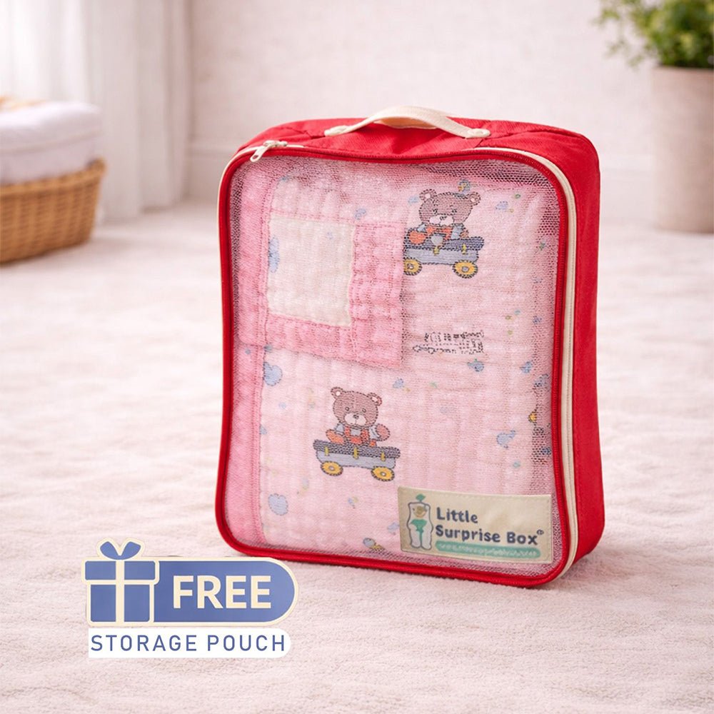 Little Surprise Box Pink Cart Teddy Muslin Baby Blanket with Pouch - Baby Blanket
