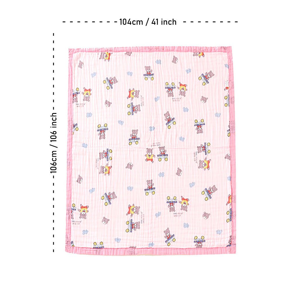 Little Surprise Box Pink Cart Teddy Muslin Baby Blanket with Pouch - Baby Blanket