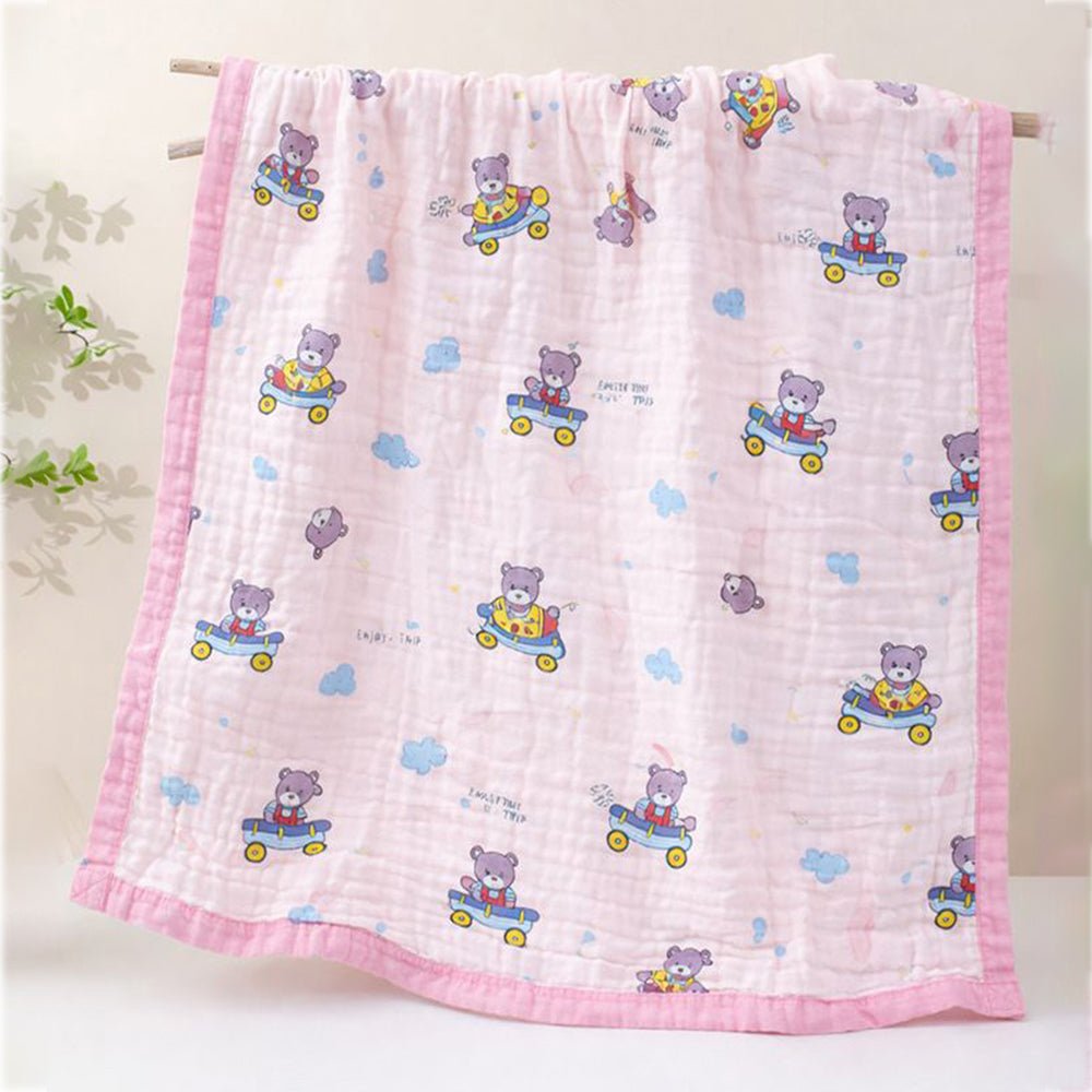 Little Surprise Box Pink Cart Teddy Muslin Baby Blanket with Pouch - Baby Blanket