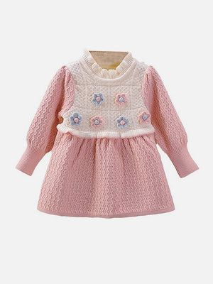 Little Surprise Box Pink & Cream Front floral Jacket patterned Knitted Frock Winterwear for girls - LSB - FRK - PNKCRMJACKT - 2 - 3Y