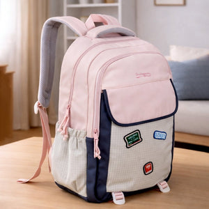 Little Surprise Box Pink & Grey Badge styled School Backpack for Kids & Teens - School Bag