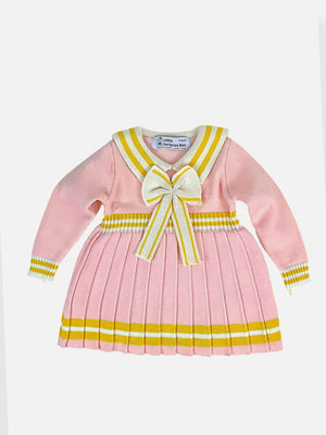 Little Surprise Box Pink & Mustard Big Bow & Stripes Sailor neck Winterwear Frock for girls - LSB - FRK - PNKMUSTBOW - 2 - 3Y