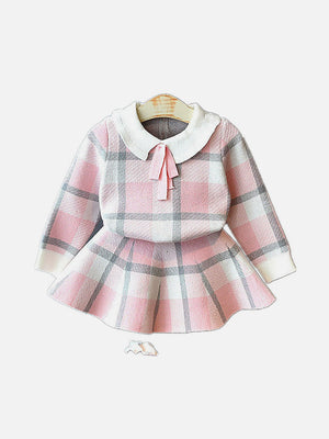 Little Surprise Box Pink Plaid Peter Pan collar 2 pcs sweatshirt & Skirt Winterwear set for Girls - LSB - 2PCSKRT - PNKPLAID - 2 - 3Y