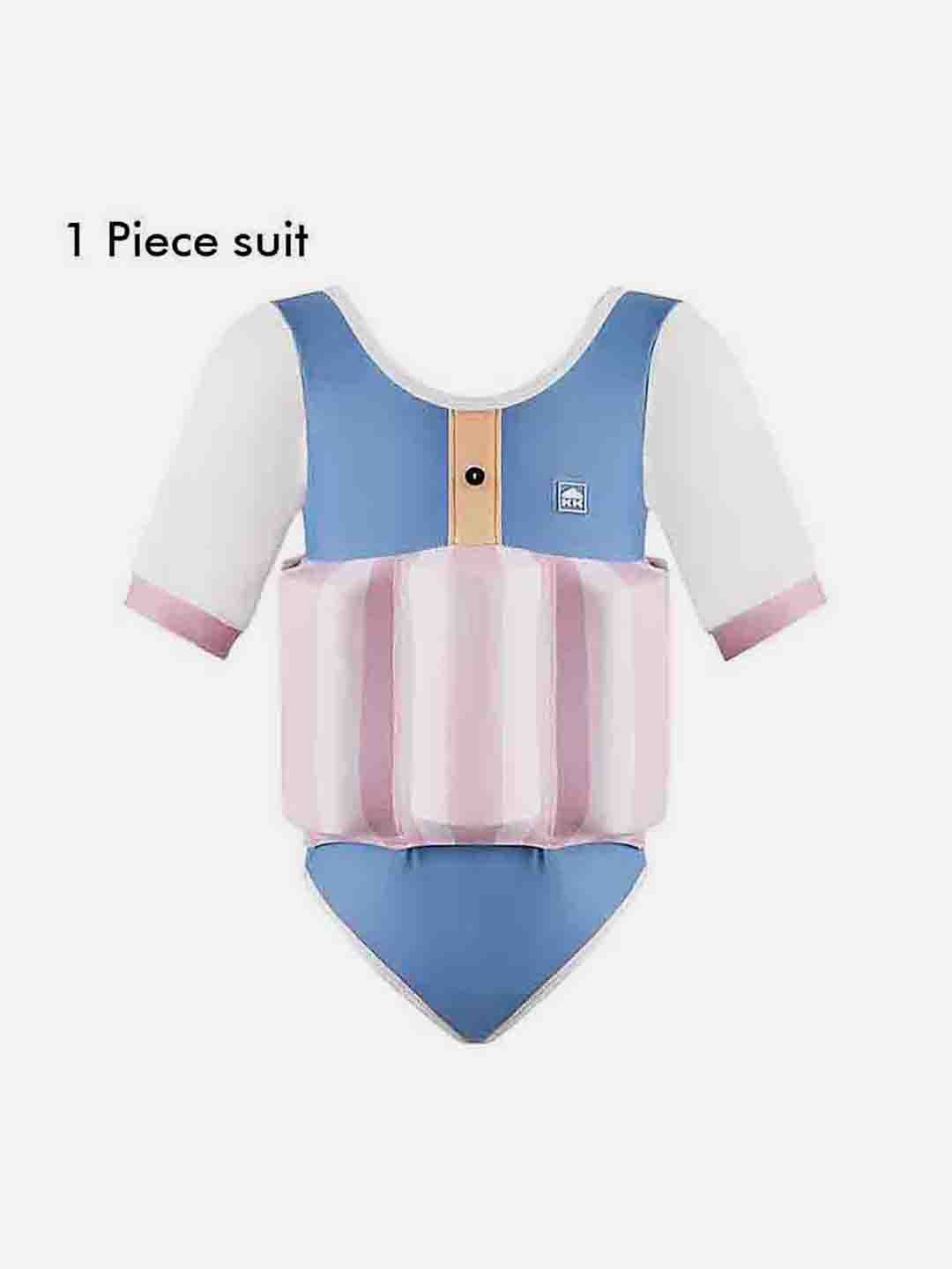Little Surprise Box Powder Blue & Pink Stripes Kids Swimsuit with attached Swim Floats +tie up cap in UPF 50+ - LSB - SW - BLUPNKSTRPFLOAT110