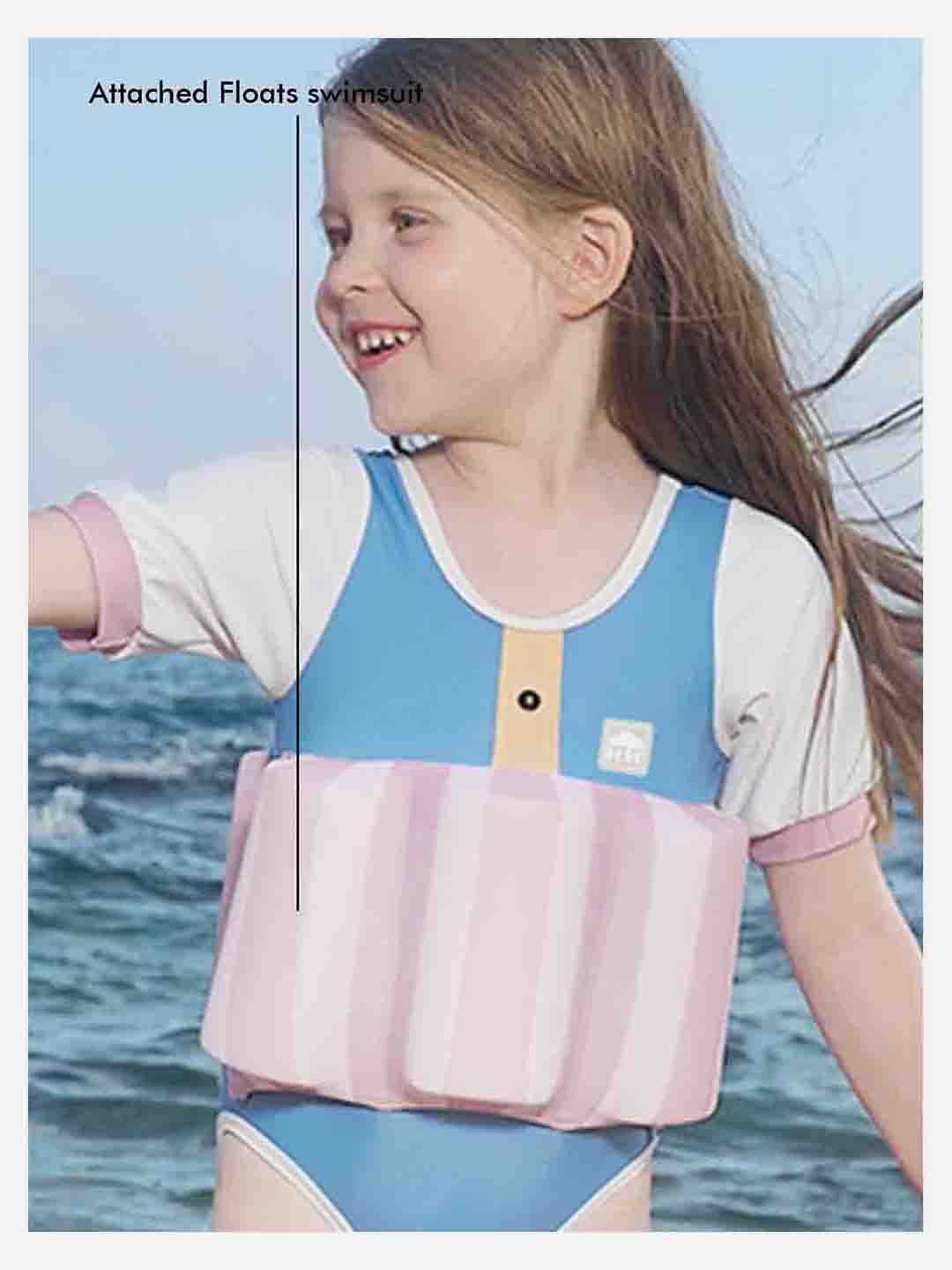 Little Surprise Box Powder Blue & Pink Stripes Kids Swimsuit with attached Swim Floats +tie up cap in UPF 50+ - LSB - SW - BLUPNKSTRPFLOAT110