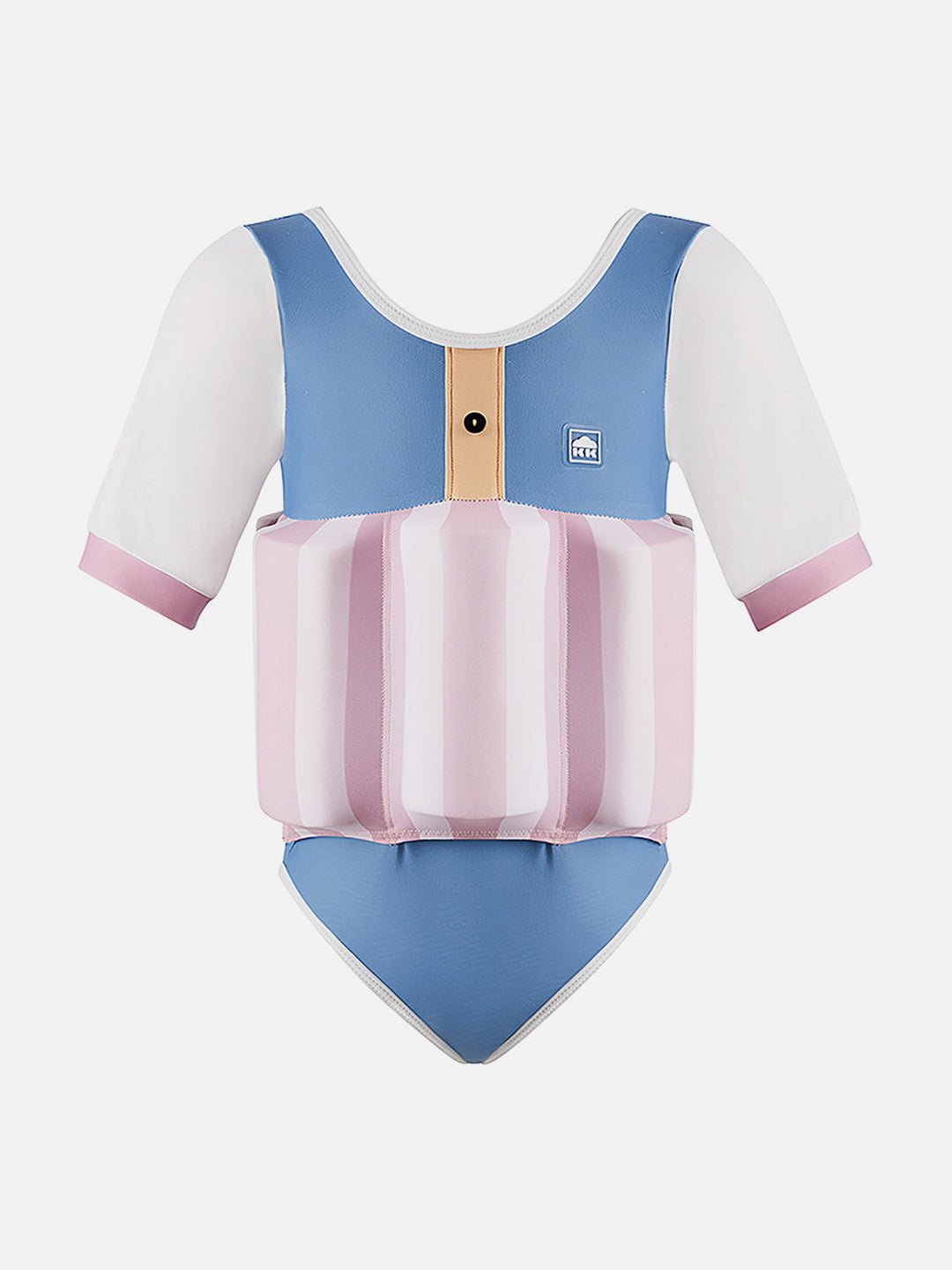 Little Surprise Box Powder Blue & Pink Stripes Kids Swimsuit with attached Swim Floats +tie up cap in UPF 50+ - LSB - SW - BLUPNKSTRPFLOAT110