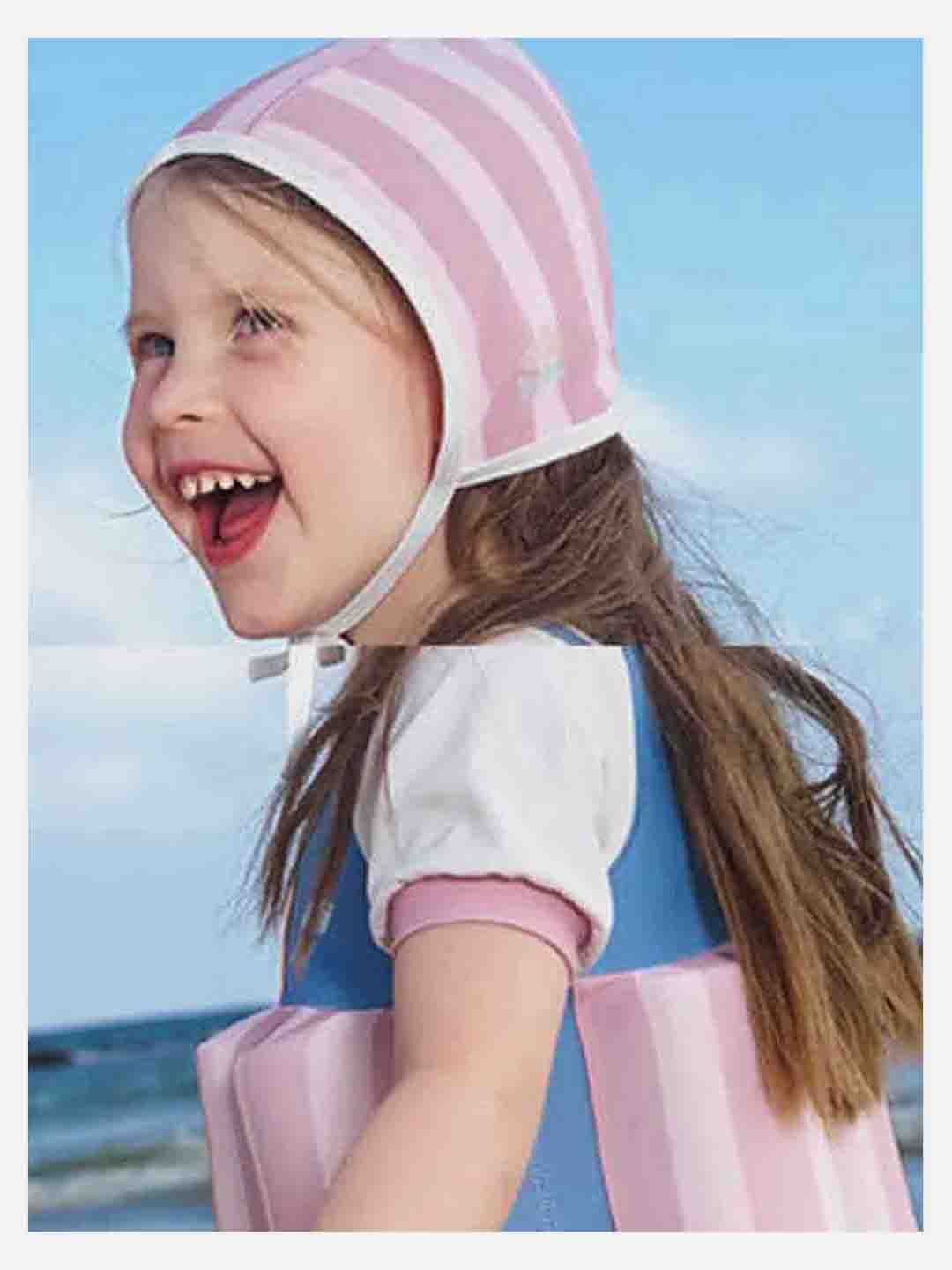 Little Surprise Box Powder Blue & Pink Stripes Kids Swimsuit with attached Swim Floats +tie up cap in UPF 50+ - LSB - SW - BLUPNKSTRPFLOAT110