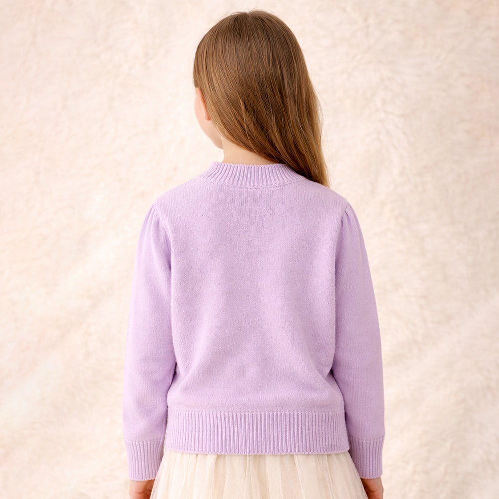Little Surprise Box Purple Bow Knit Cardigan with Matching Sling Bag, Winter Cardigan Sweater for Kids - 4 - 5 Years Kids Sweater