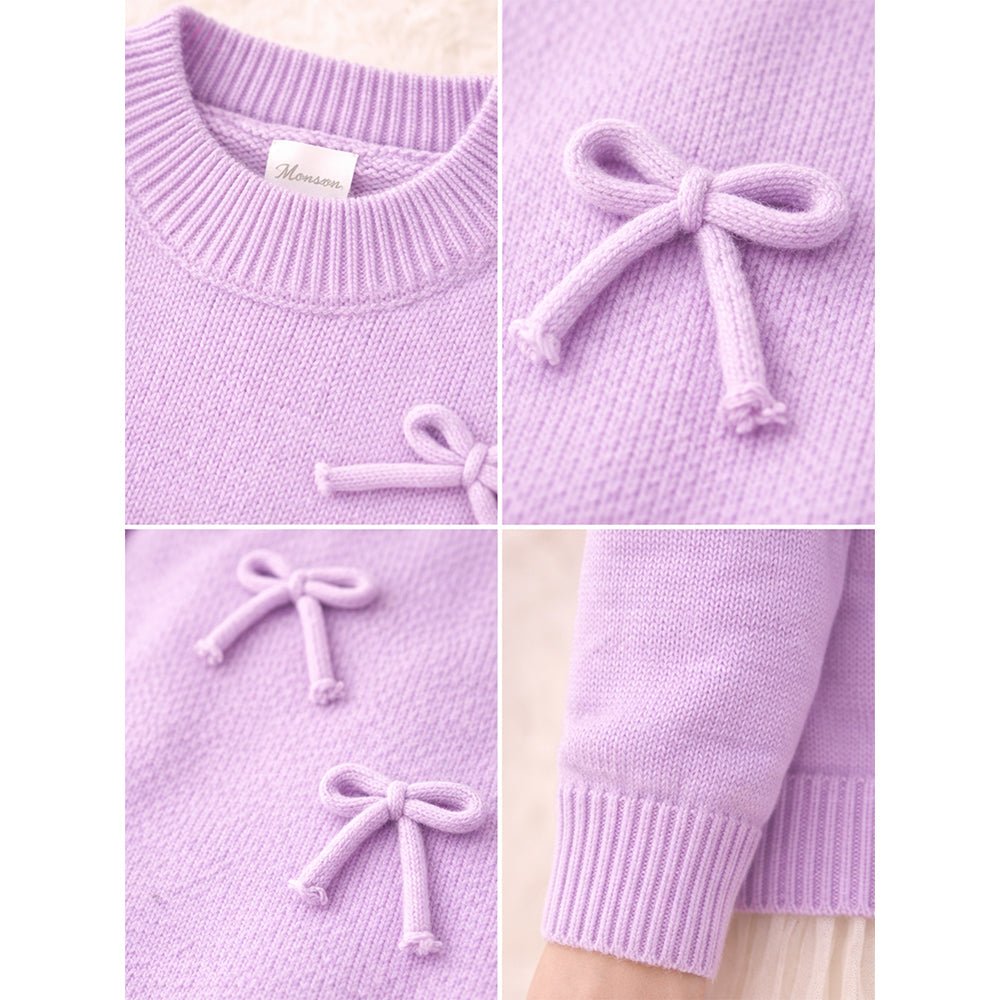 Little Surprise Box Purple Bow Knit Cardigan with Matching Sling Bag, Winter Cardigan Sweater for Kids - 4 - 5 Years Kids Sweater