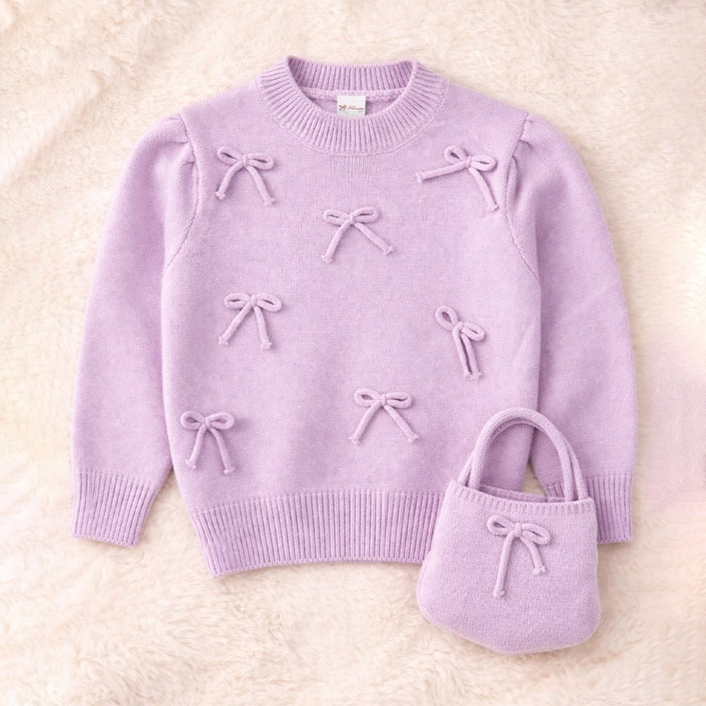 Little Surprise Box Purple Bow Knit Cardigan with Matching Sling Bag, Winter Cardigan Sweater for Kids - 4 - 5 Years Kids Sweater