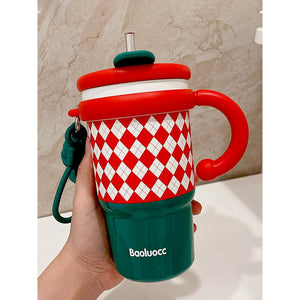 Little Surprise Box Red Checks Stainless Steel Water and Coffee Tumbler for Kids and Adults, 600ml with a free cleaning brush - XMAS BOTTLES