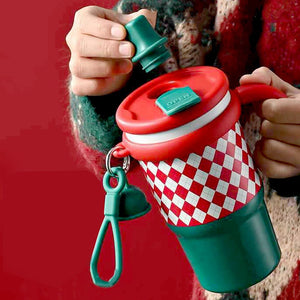 Little Surprise Box Red Checks Stainless Steel Water and Coffee Tumbler for Kids and Adults, 600ml with a free cleaning brush - XMAS BOTTLES