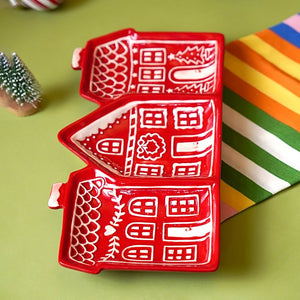 Little Surprise Box Red gingerbreadhouse 3 sections Christmas ceramic serving tray - Christmas Decor