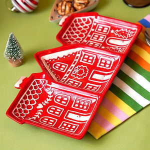 Little Surprise Box Red gingerbreadhouse 3 sections Christmas ceramic serving tray - Christmas Decor