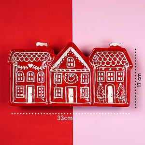 Little Surprise Box Red gingerbreadhouse 3 sections Christmas ceramic serving tray - Christmas Decor