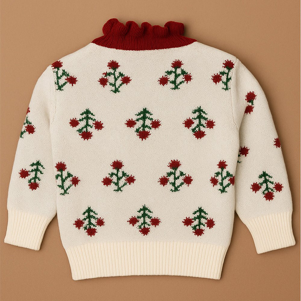 Little Surprise Box Red Ruffle Neck, Floral Christmas Cardigan Winter Sweater for Kids - 2 - 3 Years Christmas Sweater