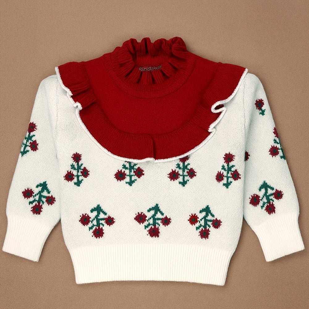 Little Surprise Box Red Ruffle Neck, Floral Christmas Cardigan Winter Sweater for Kids - 2 - 3 Years Christmas Sweater