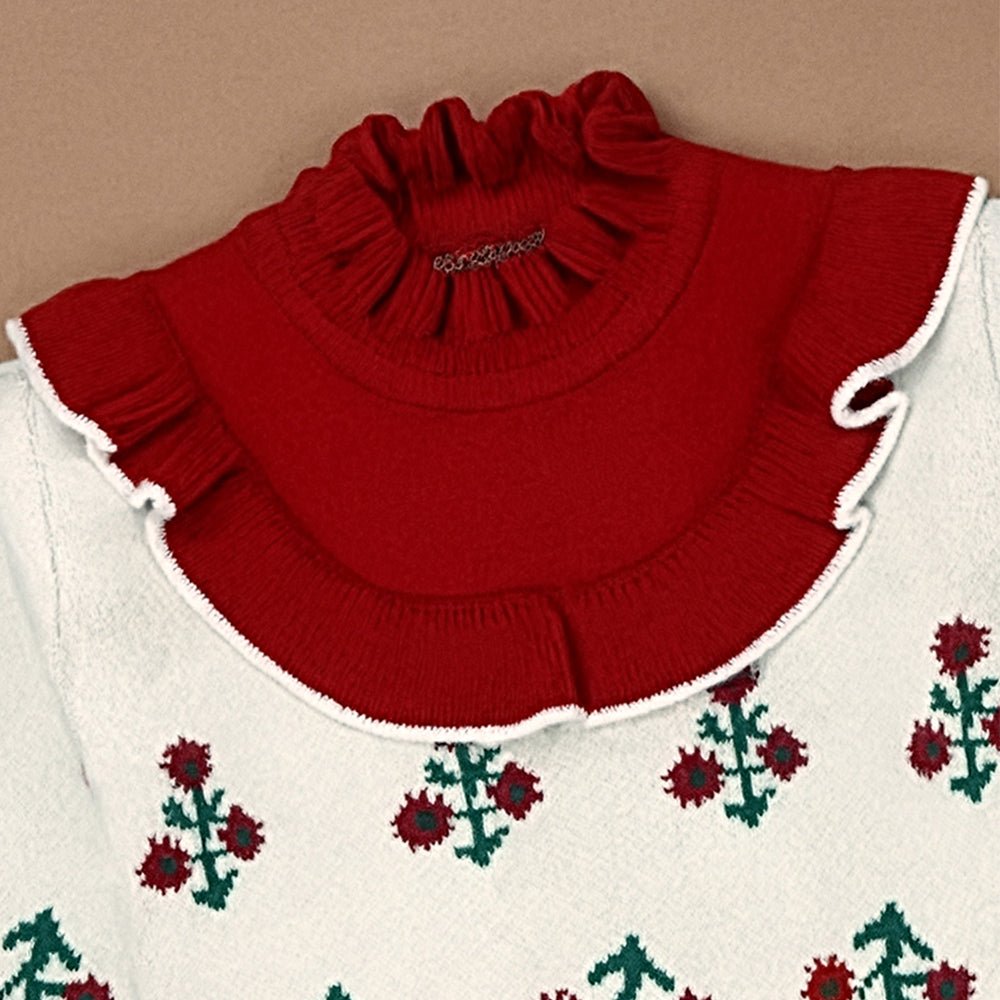 Little Surprise Box Red Ruffle Neck, Floral Christmas Cardigan Winter Sweater for Kids - 2 - 3 Years Christmas Sweater