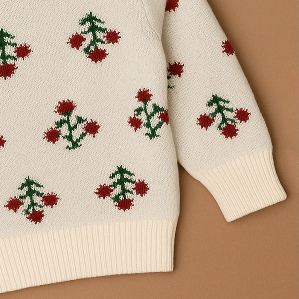 Little Surprise Box Red Ruffle Neck, Floral Christmas Cardigan Winter Sweater for Kids - 2 - 3 Years Christmas Sweater