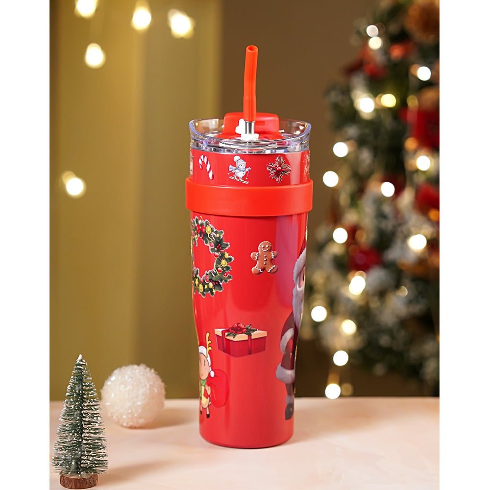 Little Surprise Box Red Santa vacum insulated stainless steel Tumbler with lid and stainless steel straw - Christmas Cutlery