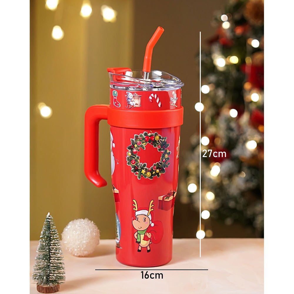Little Surprise Box Red Santa vacum insulated stainless steel Tumbler with lid and stainless steel straw - Christmas Cutlery