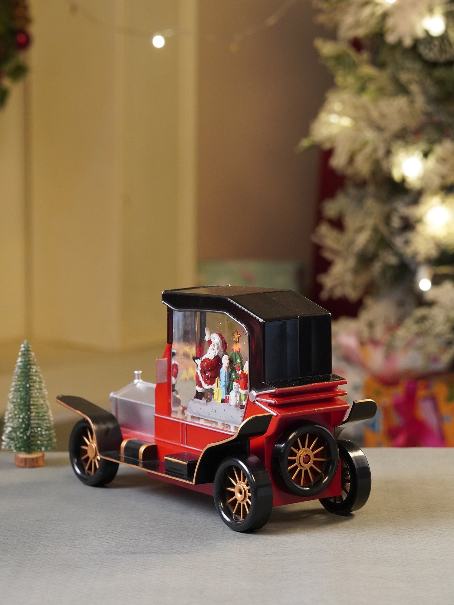 Little Surprise Box Red & Silver Vintage Car with Musical Glitter Water Light, Christmas Home Décor - Christmas Decor
