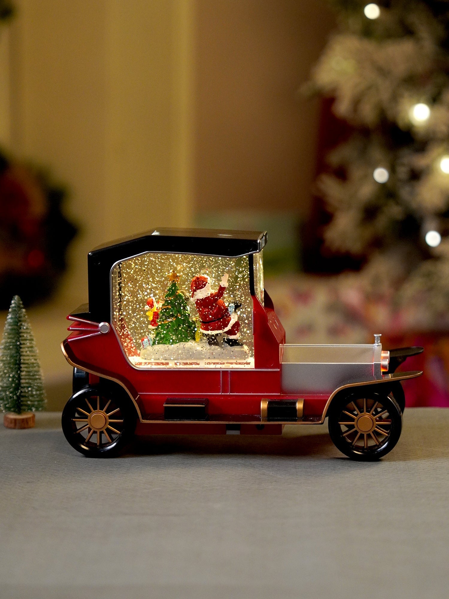 Little Surprise Box Red & Silver Vintage Car with Musical Glitter Water Light, Christmas Home Décor - Christmas Decor
